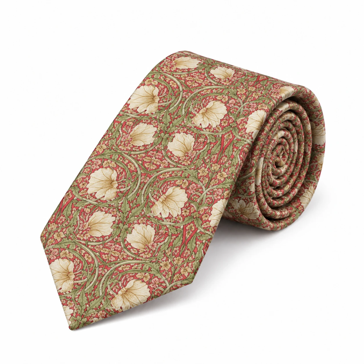 Coral Red, Sage Green and Ivory Botanical Floral Necktie