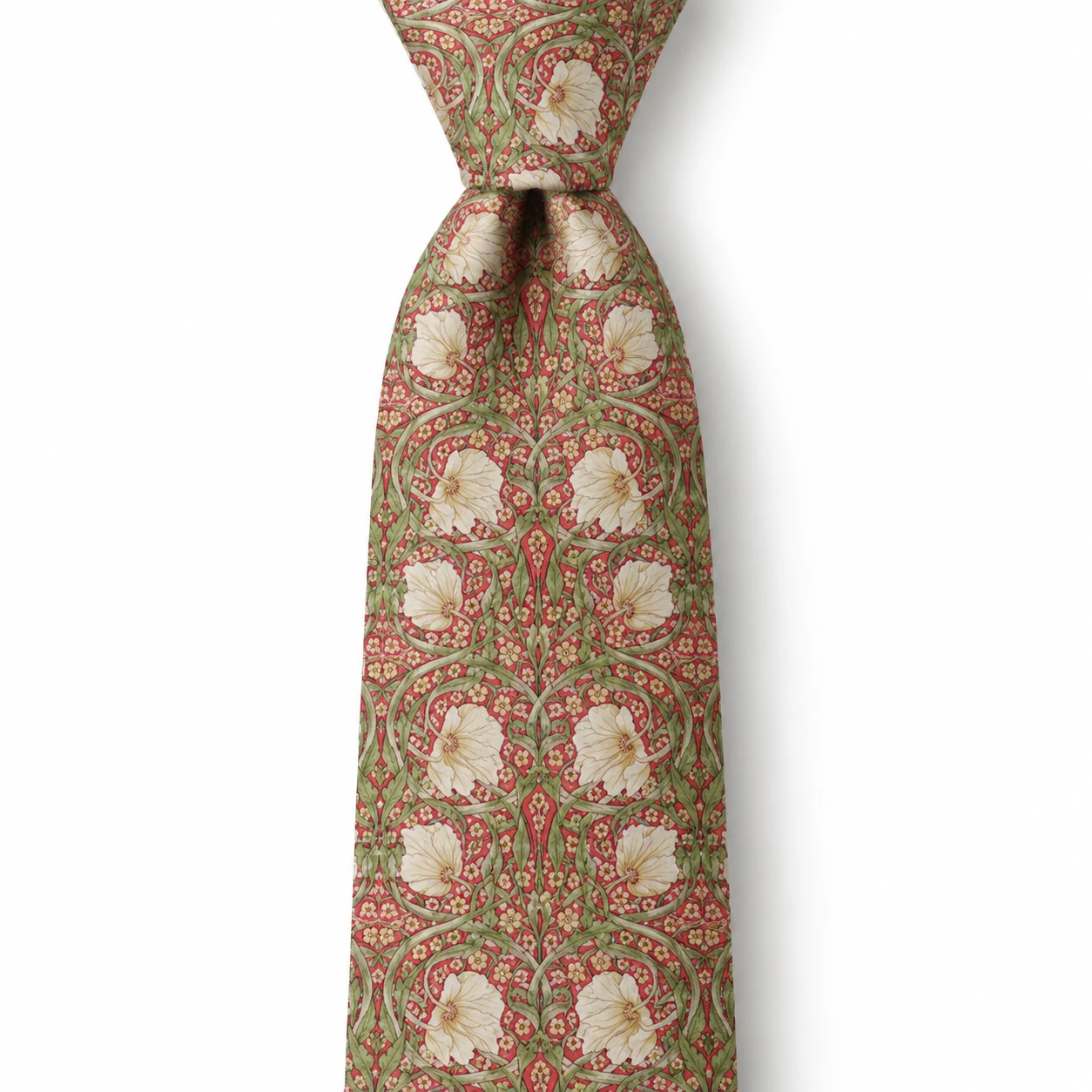 Coral Red, Sage Green and Ivory Botanical Floral Necktie