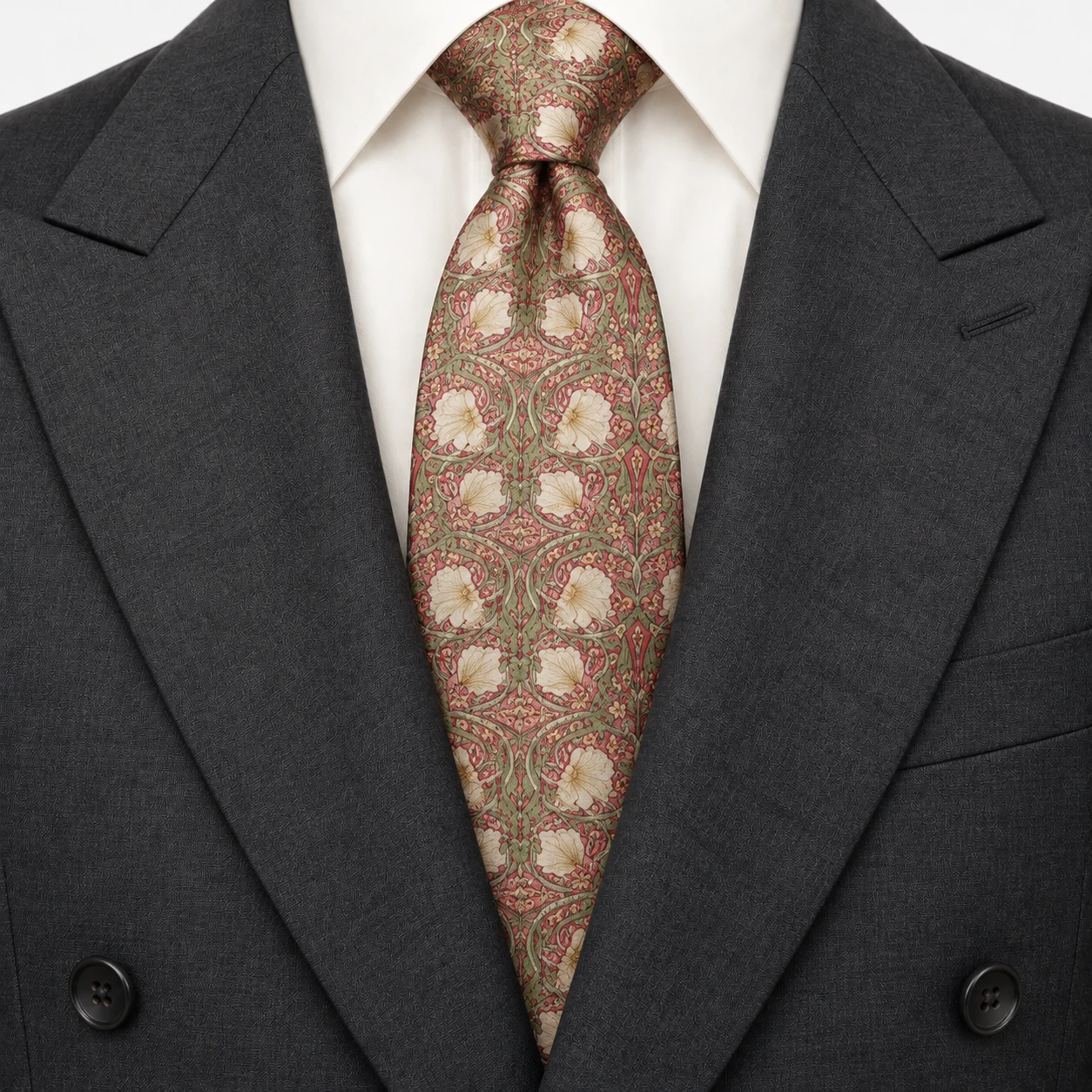 Coral Red, Sage Green and Ivory Botanical Floral Necktie — view 3 of 3