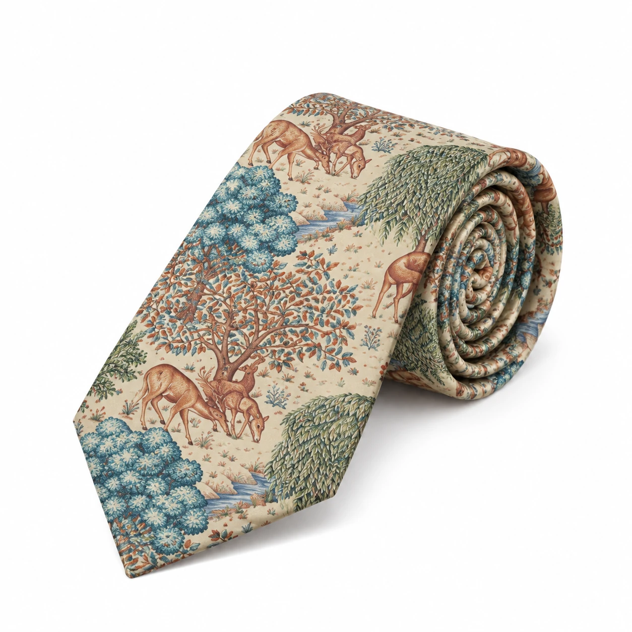 Ivory, Blue and Brown Woodland Deer Print Necktie