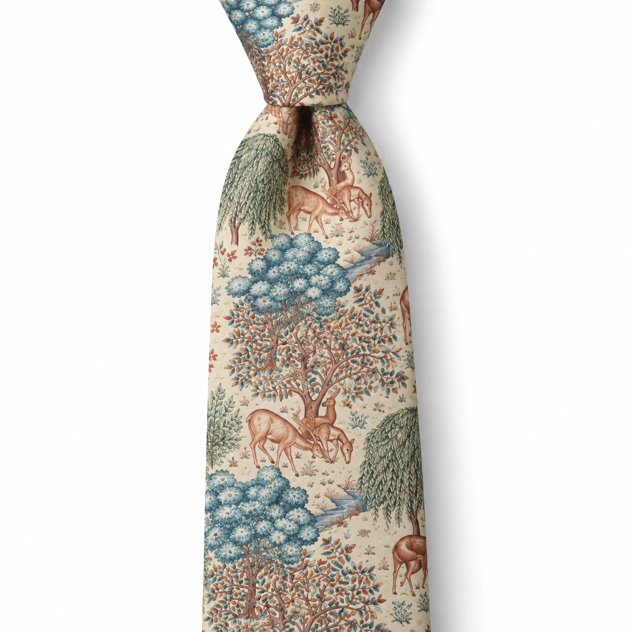 Ivory, Blue and Brown Woodland Deer Print Necktie
