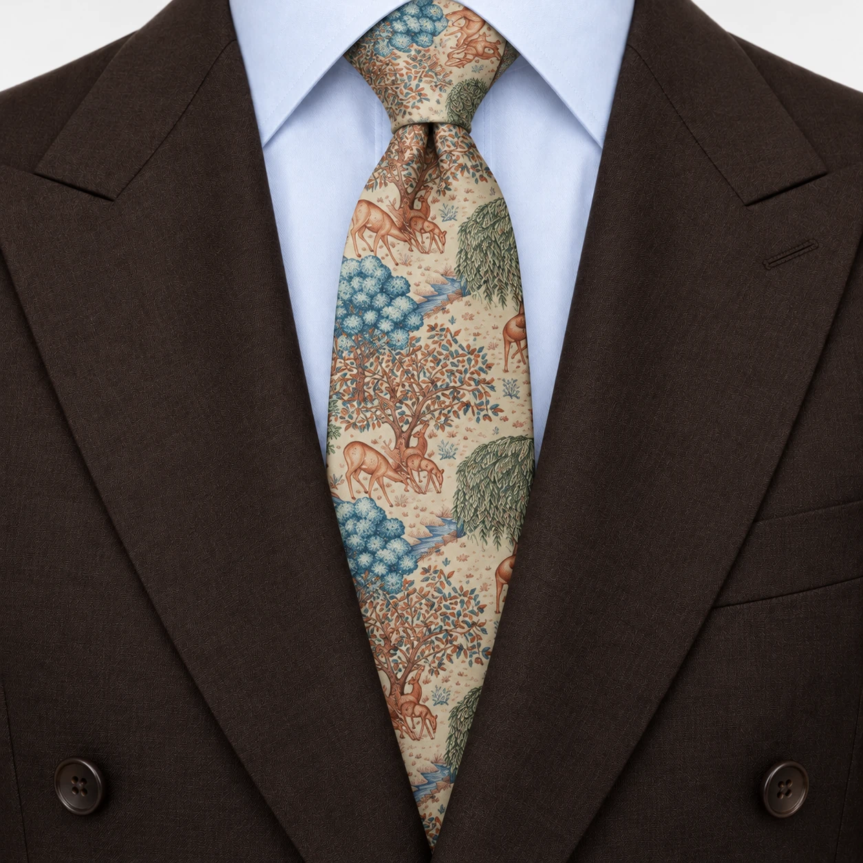Ivory, Blue and Brown Woodland Deer Print Necktie — view 3 of 3