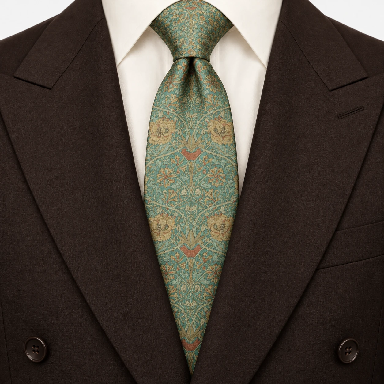 Sage Green and Ochre Vintage Floral Necktie — ver 3 de 3