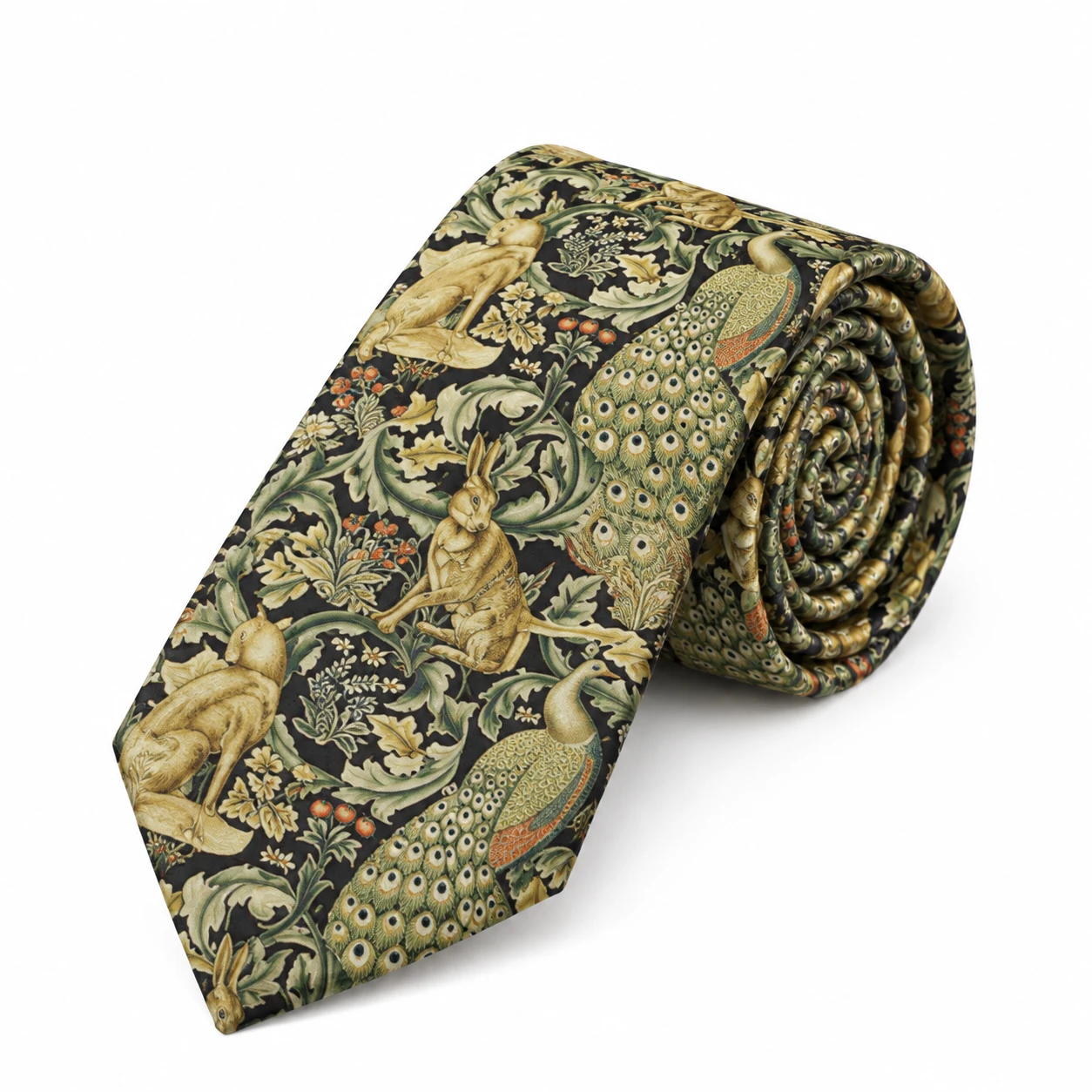 Black, Olive and Gold Rabbit and Peacock Print Necktie