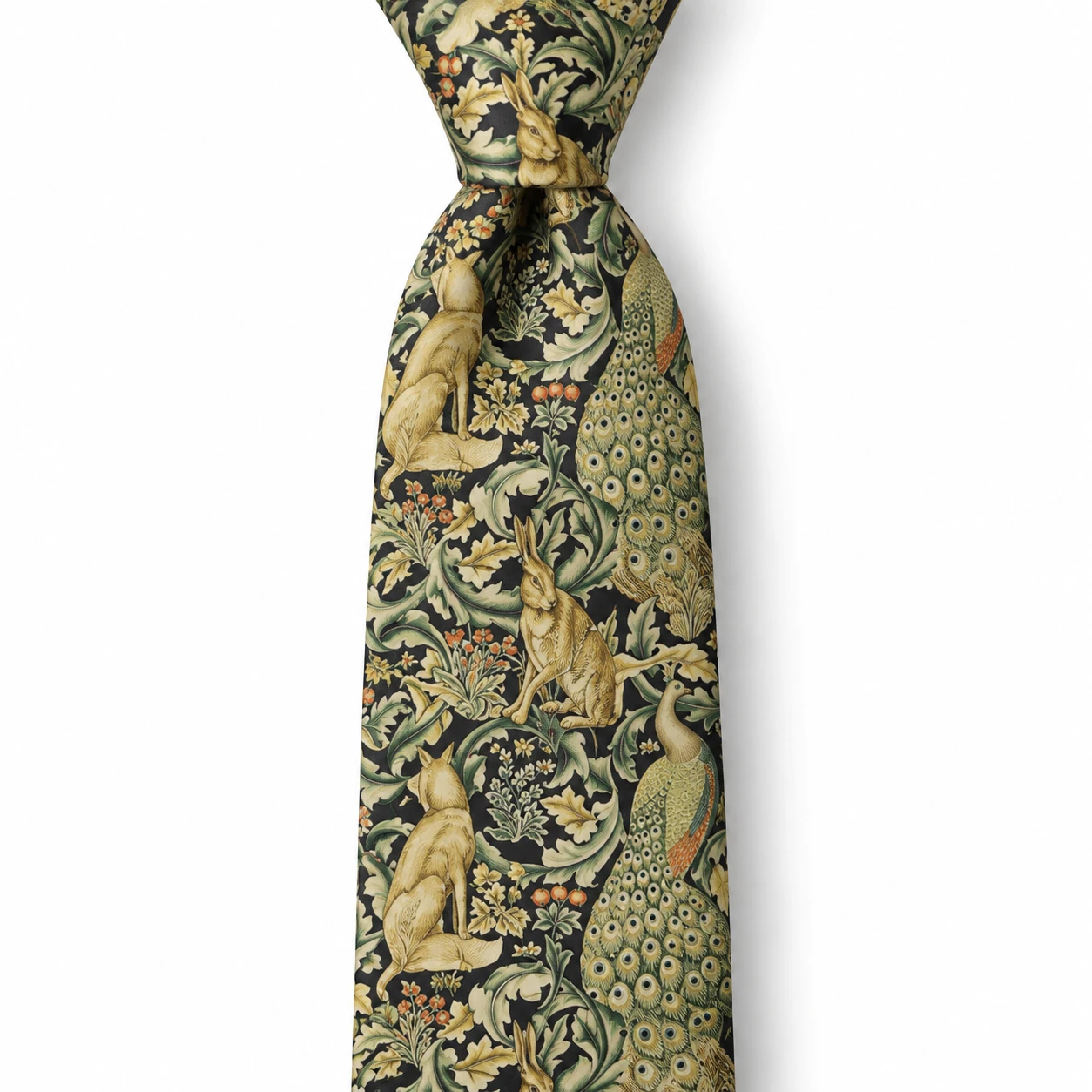 Black, Olive and Gold Rabbit and Peacock Print Necktie