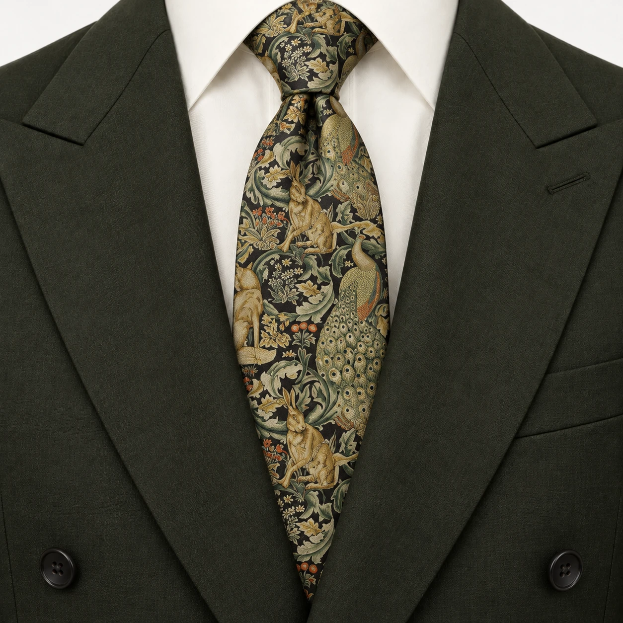 Black, Olive and Gold Rabbit and Peacock Print Necktie — view 3 of 3