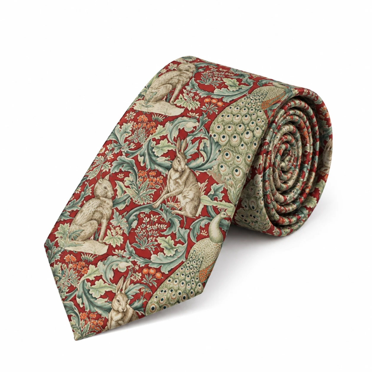 Red and Sage Rabbit and Peacock Print Necktie