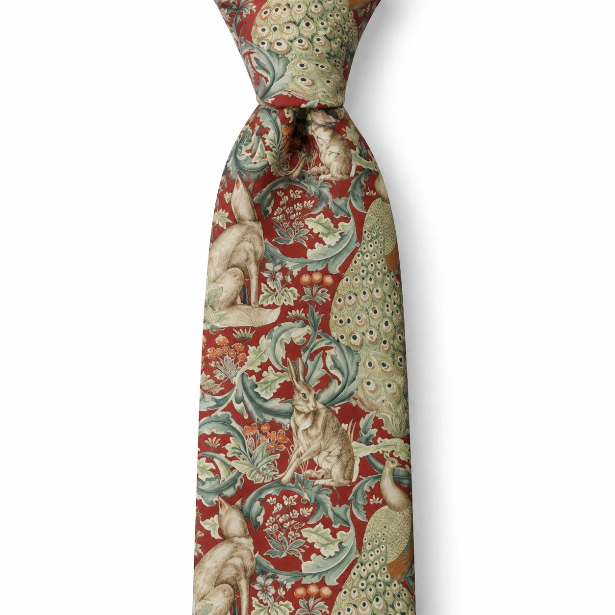 Red and Sage Rabbit and Peacock Print Necktie