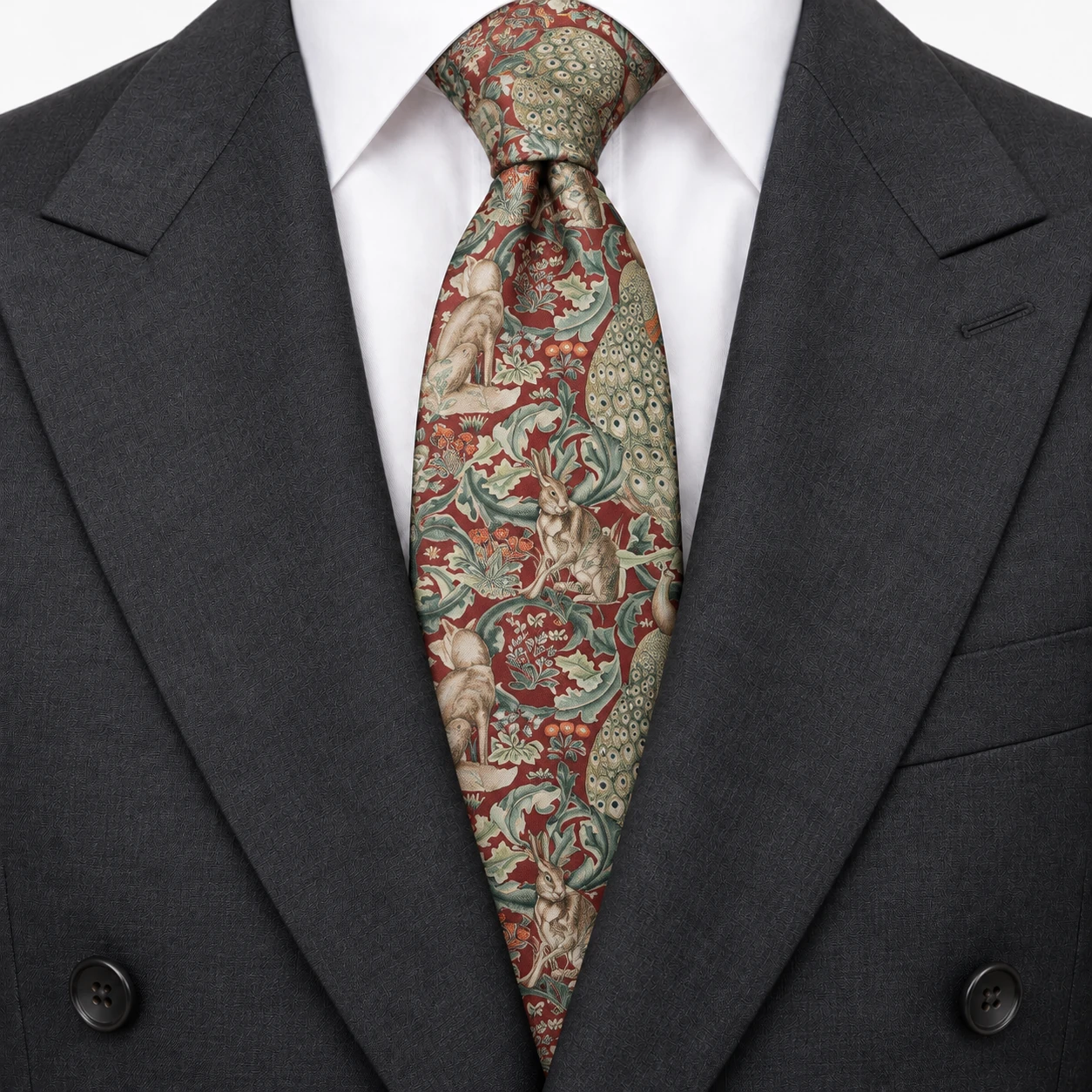 Red and Sage Rabbit and Peacock Print Necktie — view 3 of 3