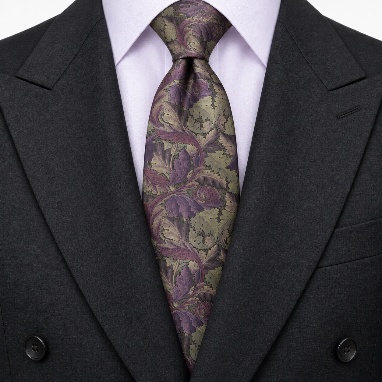 Plum Purple and Olive Acanthus Leaf Print Necktie — view 3 of 3