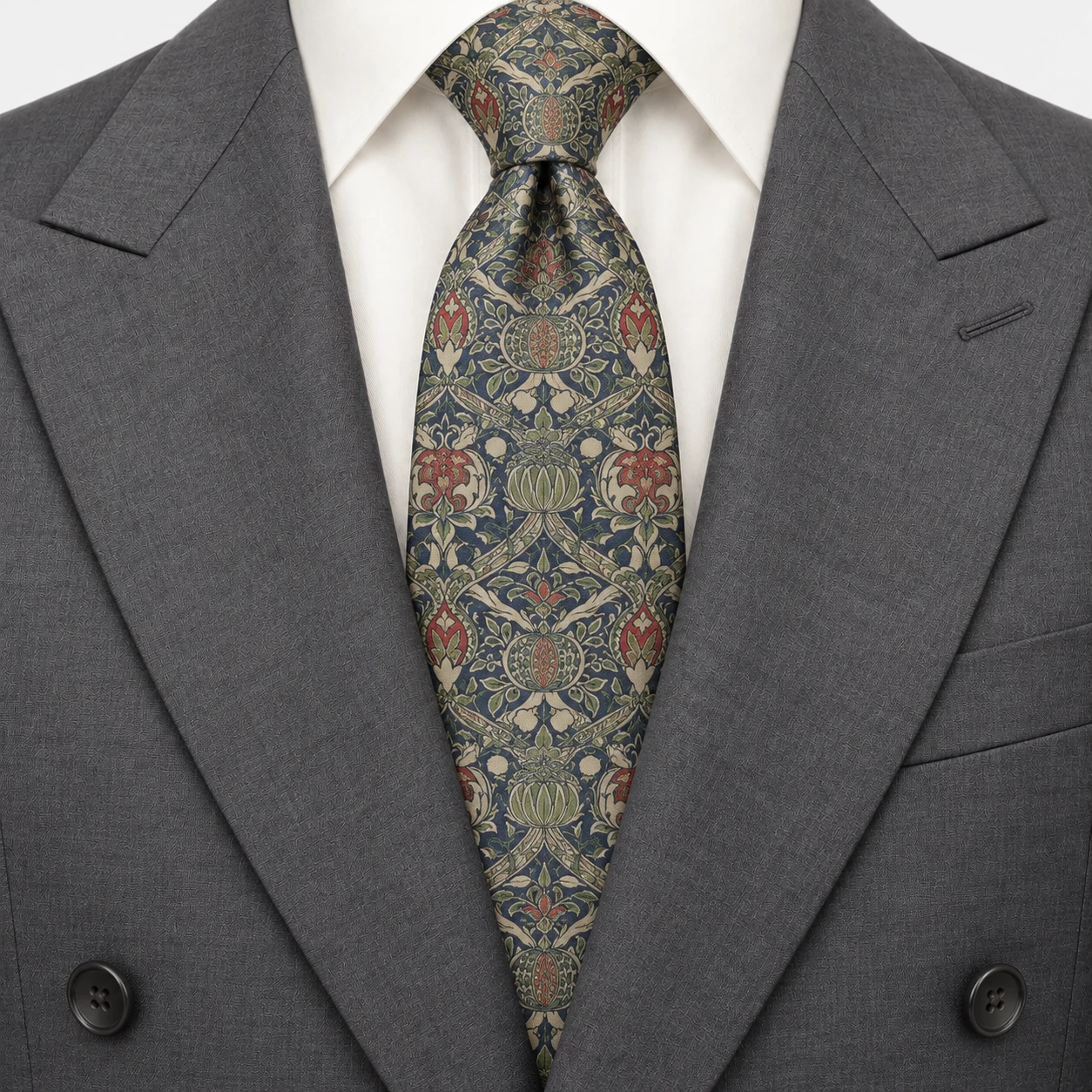 Navy, Olive and Red Pomegranate Botanical Necktie — view 3 of 3
