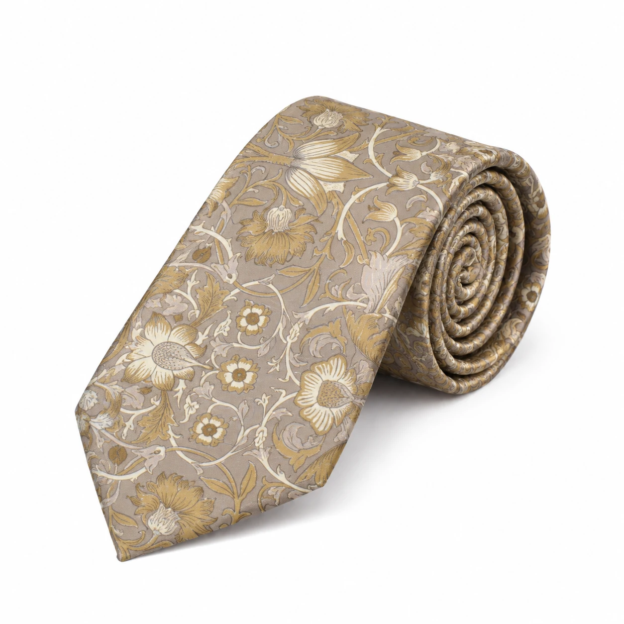 Taupe and Ochre Bird and Floral Print Necktie