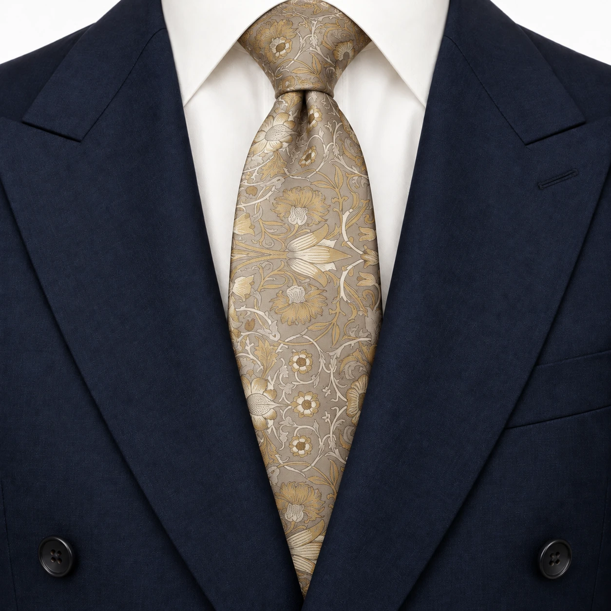 Taupe and Ochre Bird and Floral Print Necktie — view 3 of 3