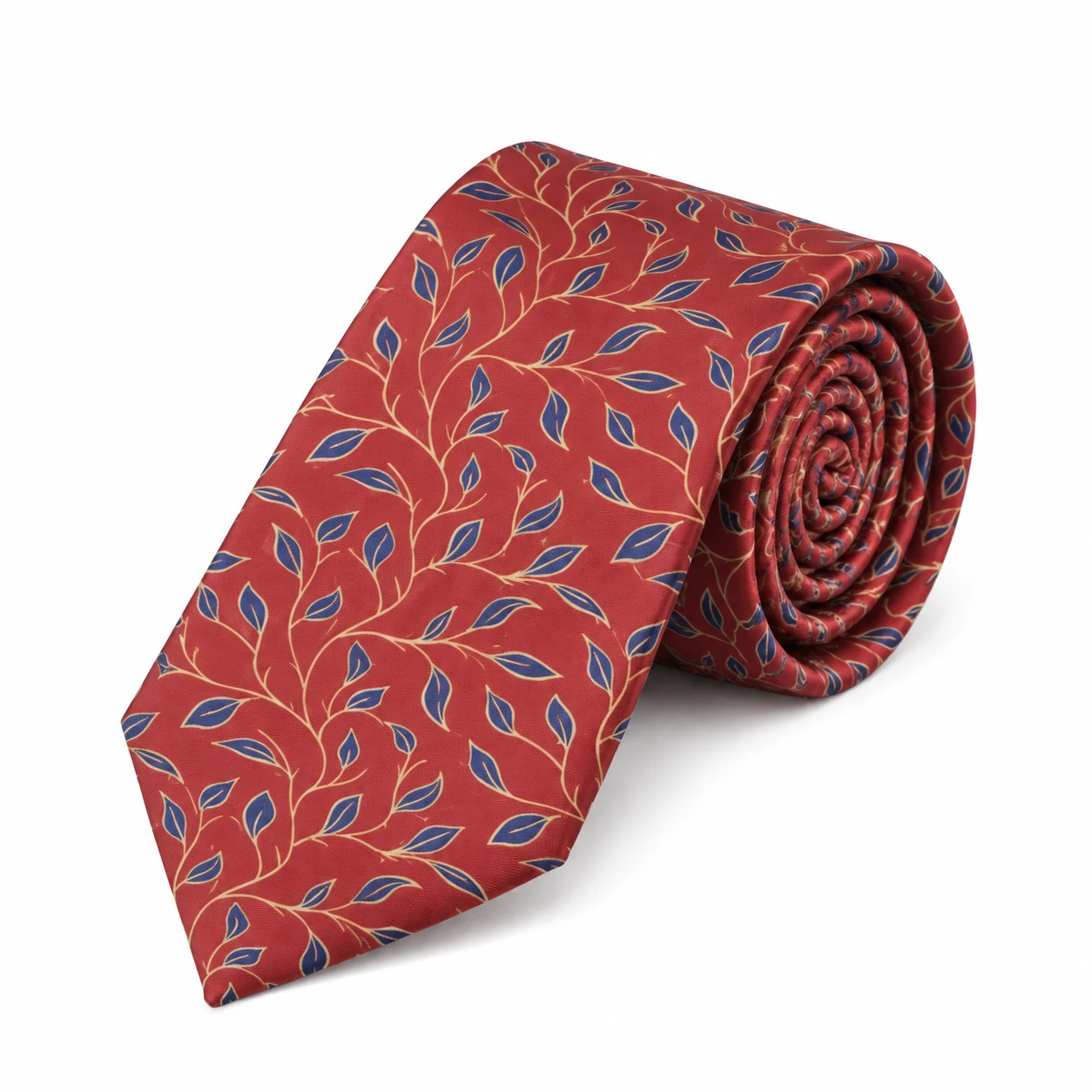 Red and Navy Trailing Leaf Print Necktie