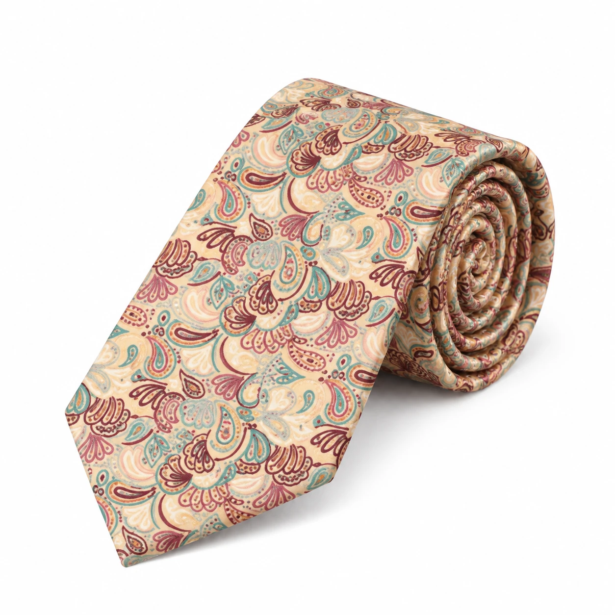 Ivory, Burgundy and Teal Paisley Floral Necktie