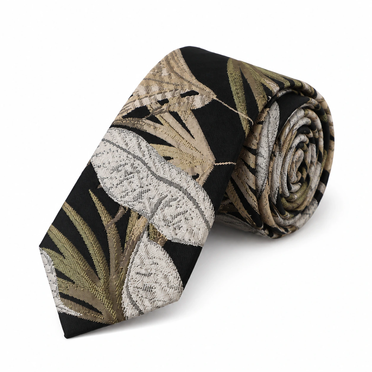Black, Ivory and Gold Tropical Leaf Necktie