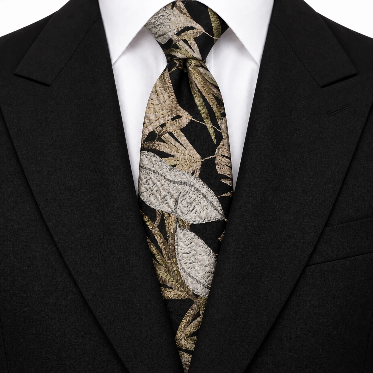 Black, Ivory and Gold Tropical Leaf Necktie — view 3 of 3