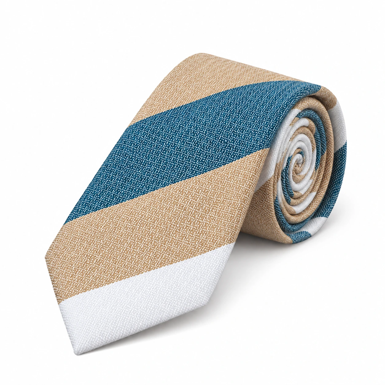 Sand, Teal Blue and White Block Stripe Necktie