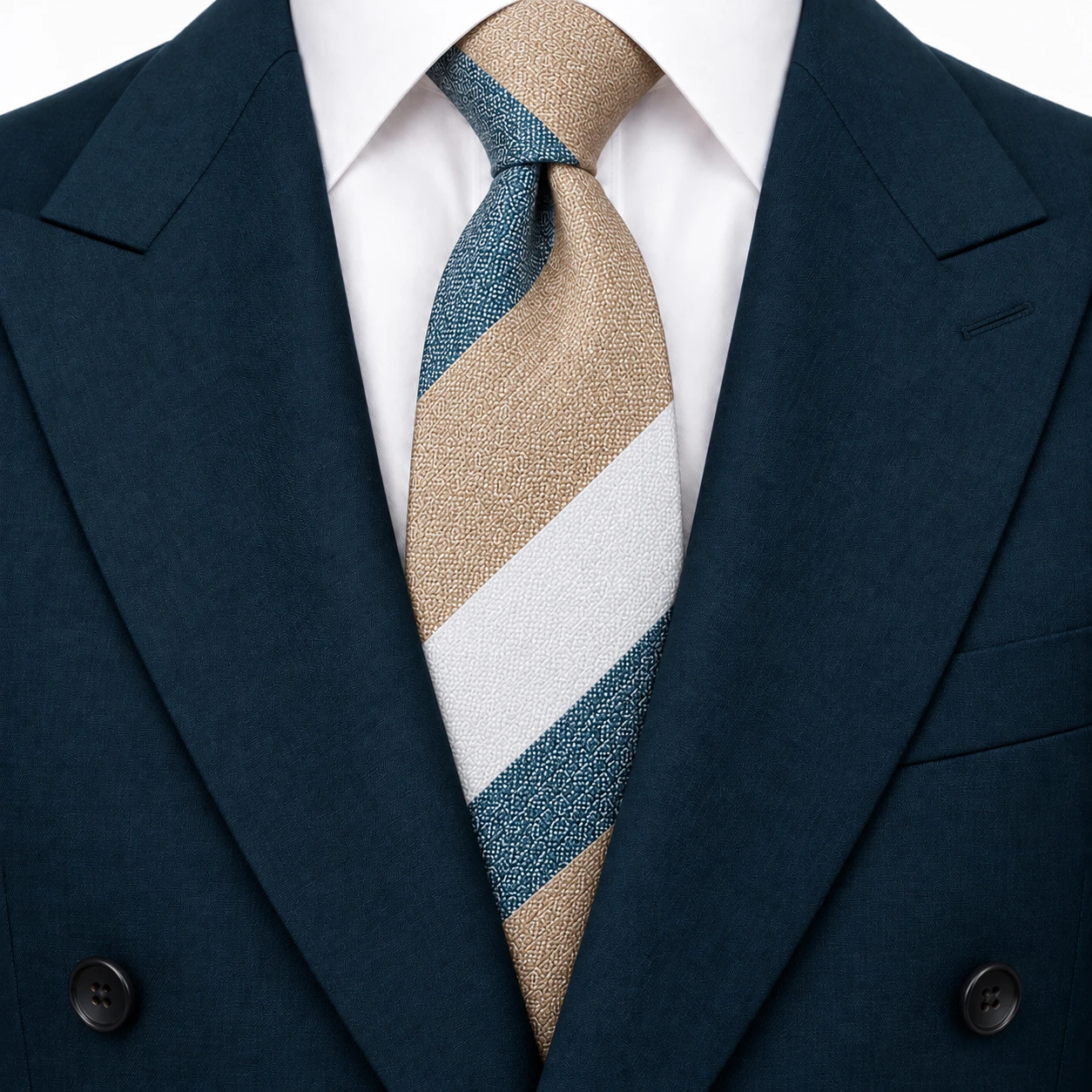 Sand, Teal Blue and White Block Stripe Necktie — view 3 of 3