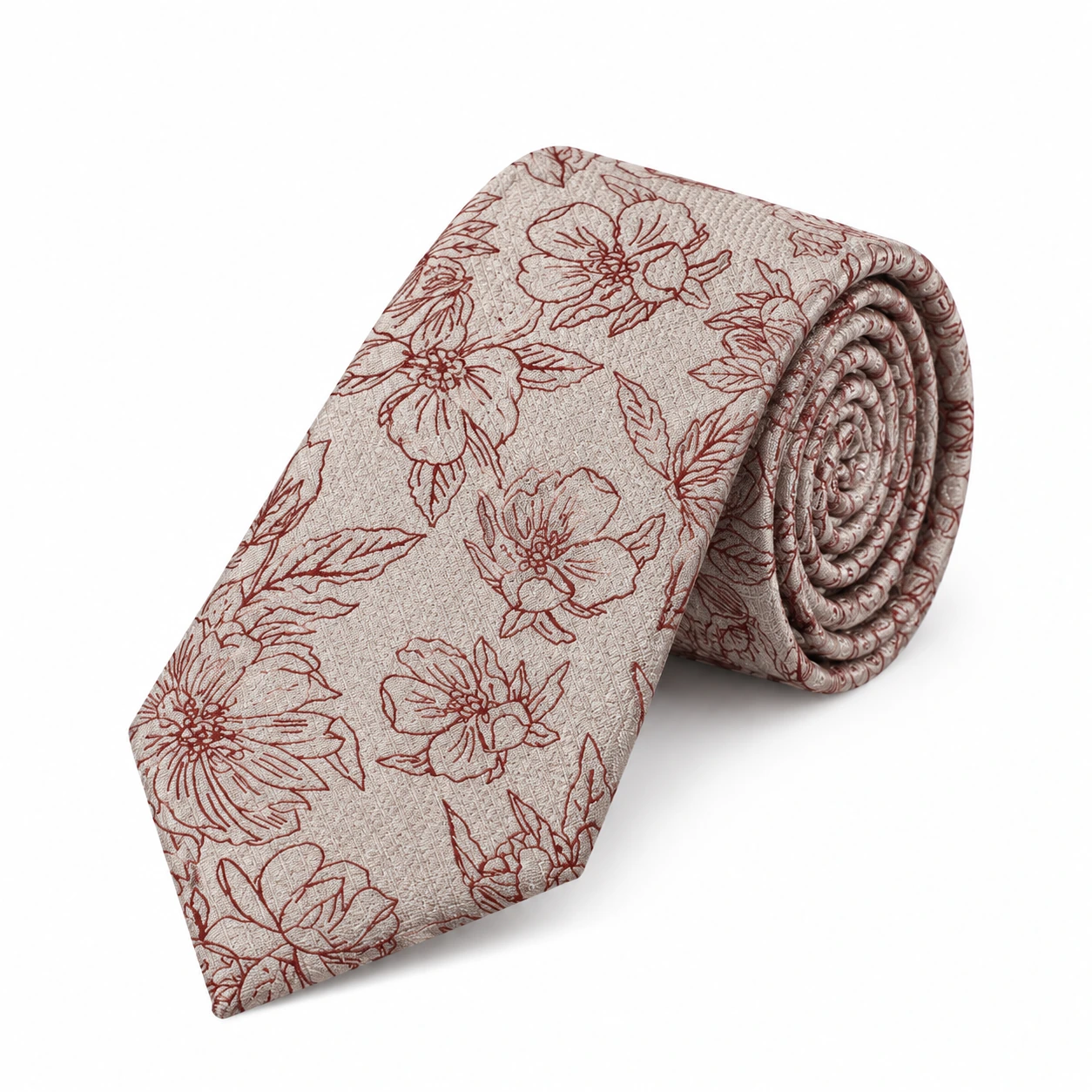 Ivory and Burgundy Outline Floral Necktie