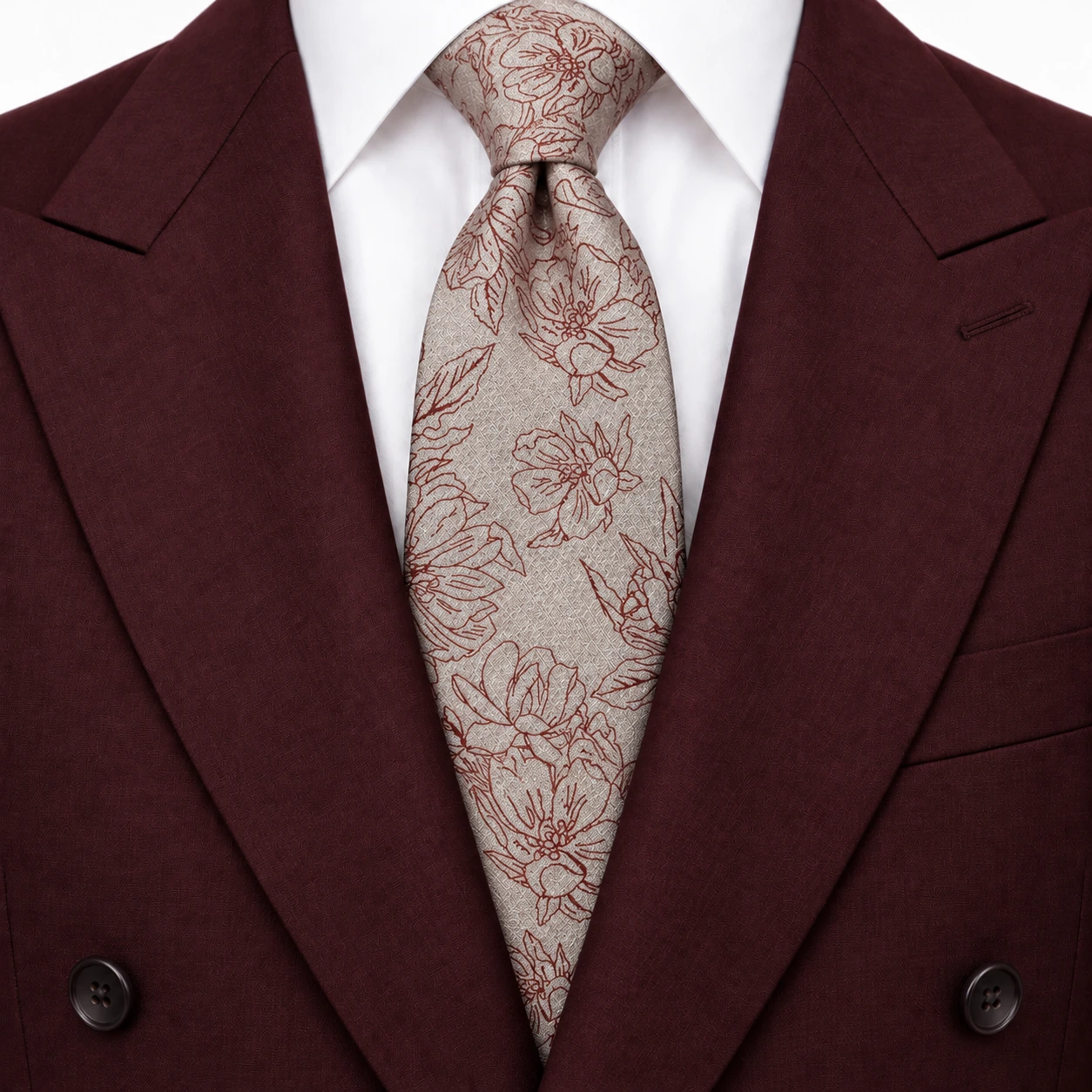 Ivory and Burgundy Outline Floral Necktie — view 3 of 3