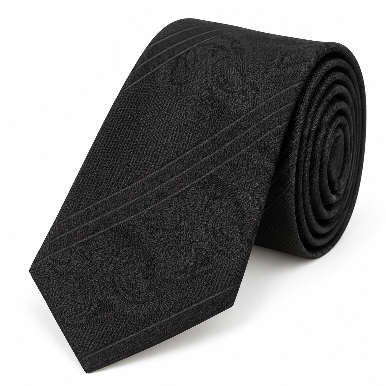 Black Tonal Paisley and Fine Stripe Necktie