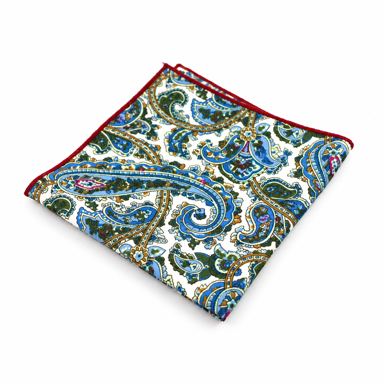 Cream, Blue and Green Paisley Pocket Square
