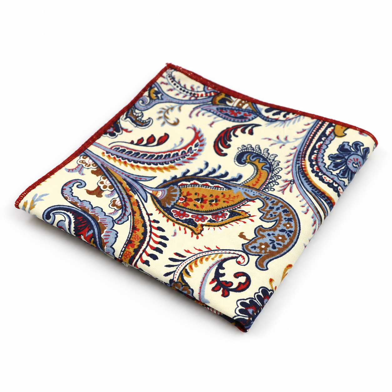 Cream, Navy and Orange Paisley Pocket Square
