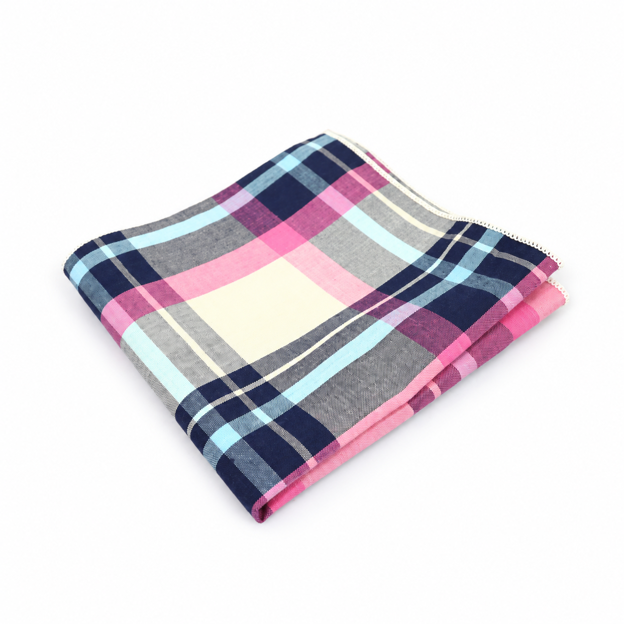 Pink, Navy and Cream Plaid Pocket Square