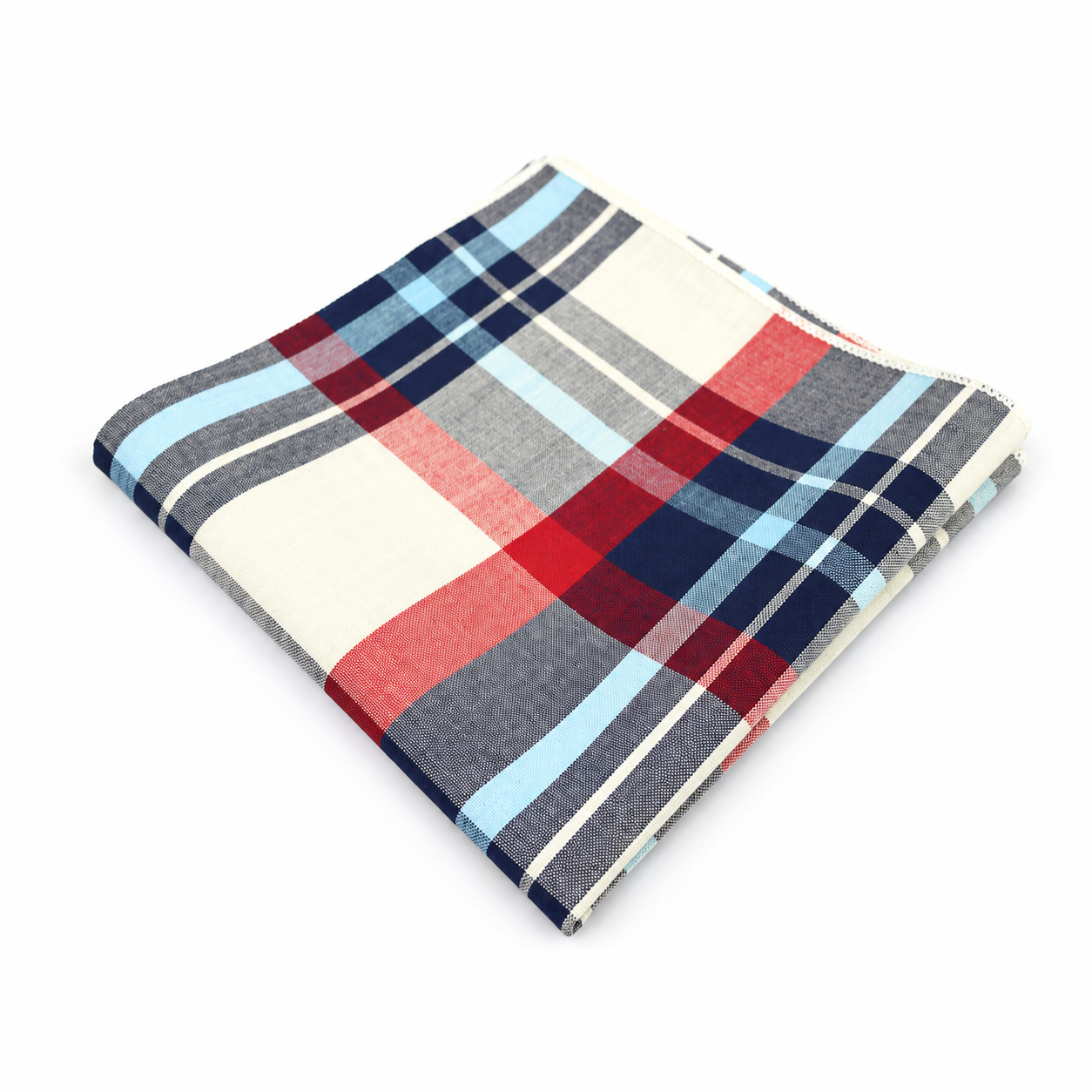 Cream, Navy and Light Blue Plaid Pocket Square