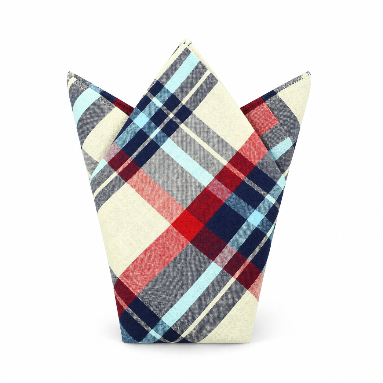 Cream, Navy and Light Blue Plaid Pocket Square
