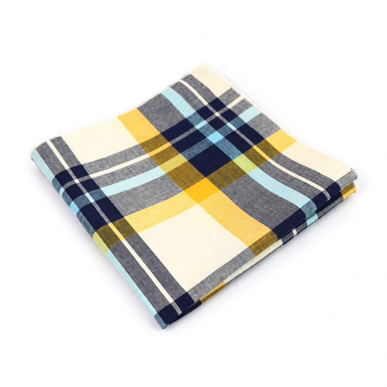 Cream, Yellow and Navy Plaid Pocket Square