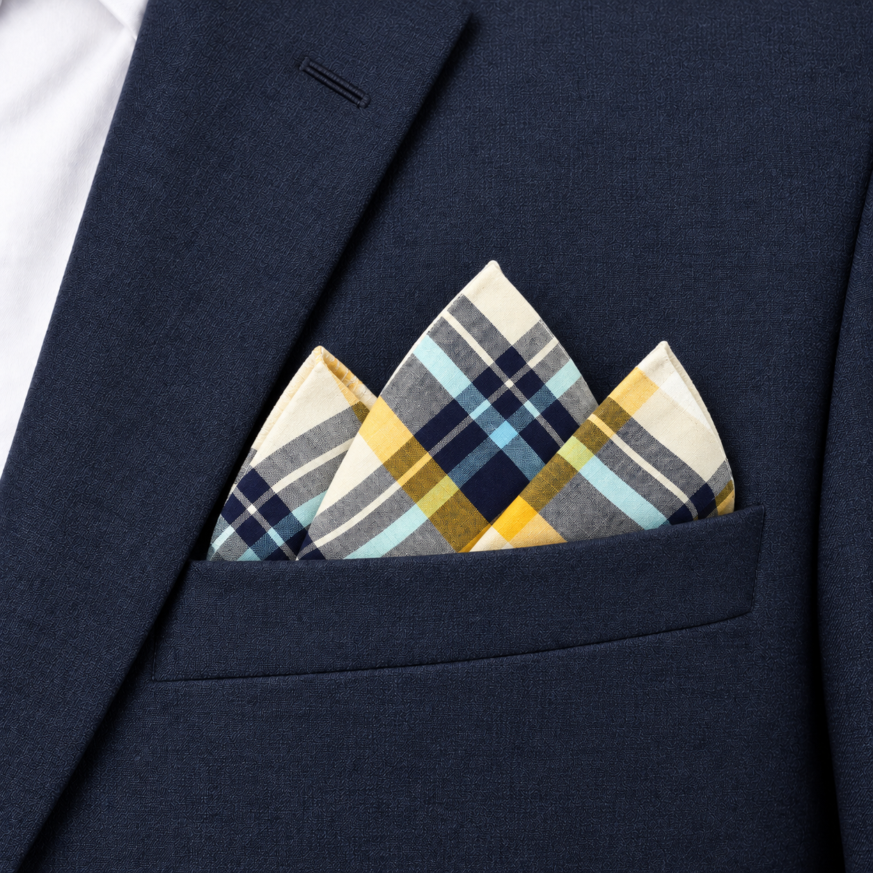 Cream, Yellow and Navy Plaid Pocket Square — view 3 of 3