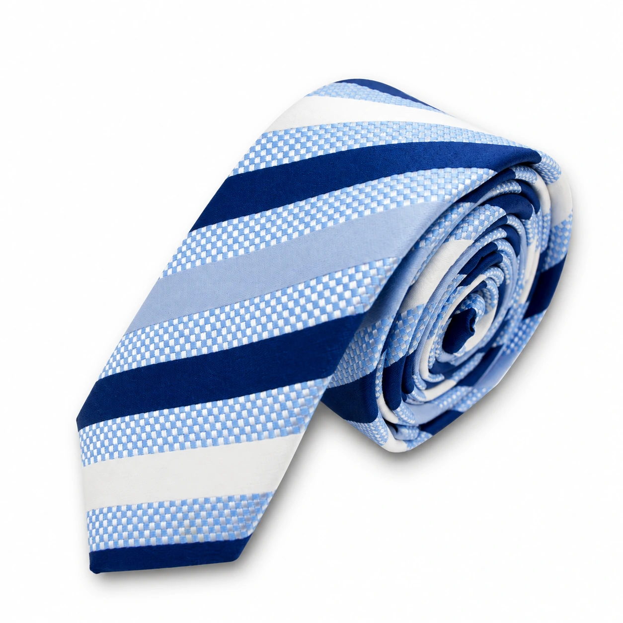 Navy, Sky Blue and White Striped Skinny Tie
