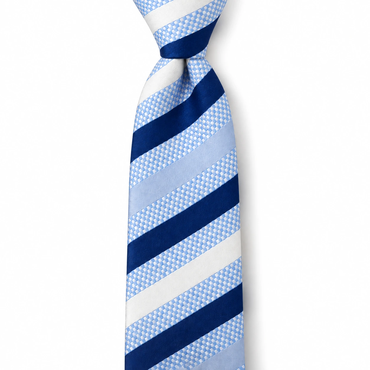 Navy, Sky Blue and White Striped Skinny Tie
