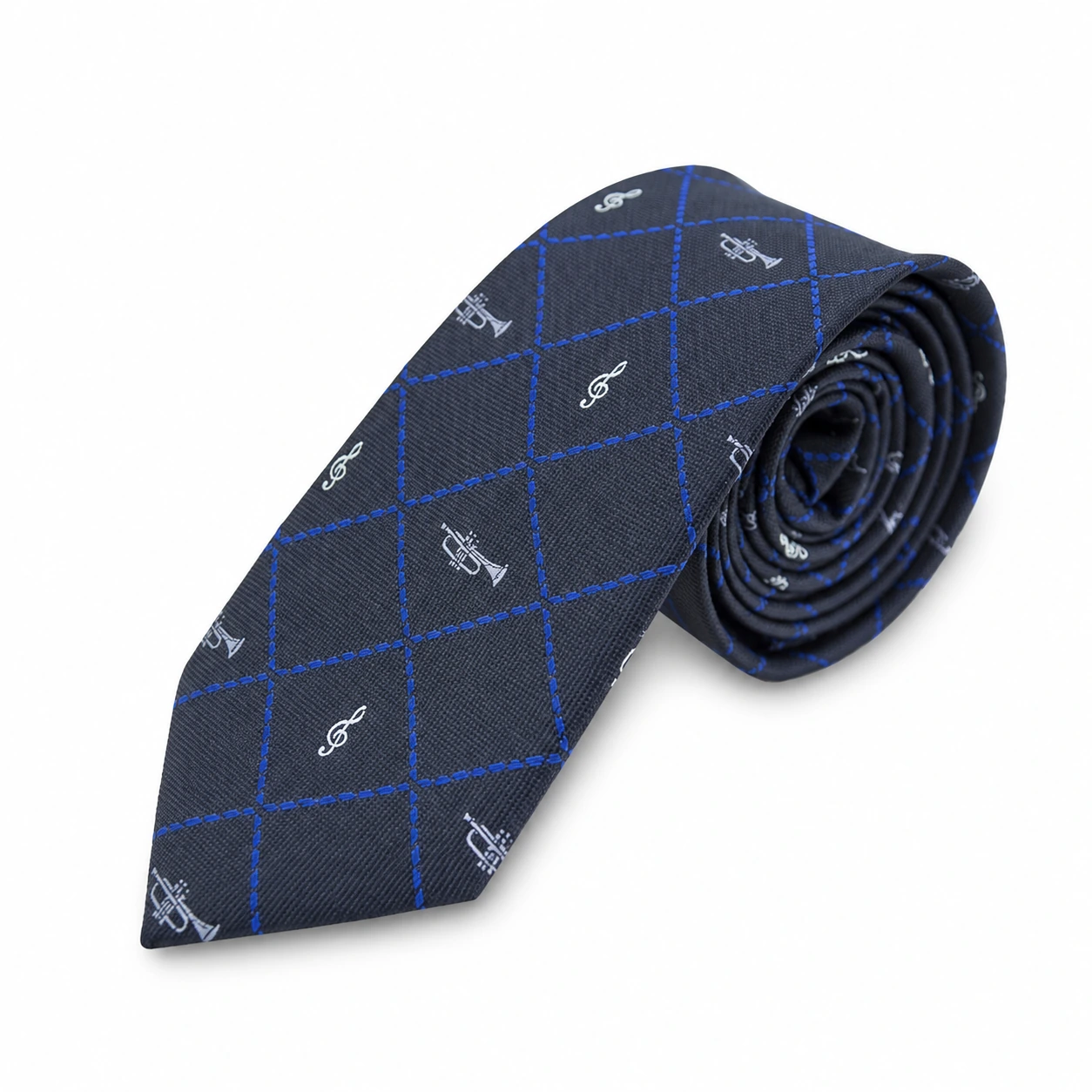 Navy Blue Music Motif Check Skinny Tie