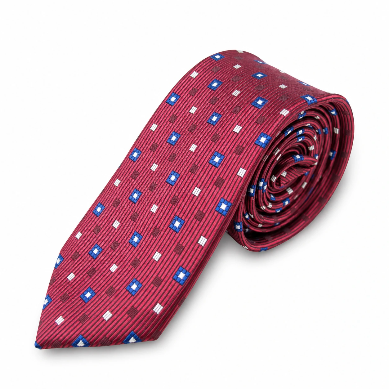 Burgundy, Blue and White Geometric Square Skinny Tie