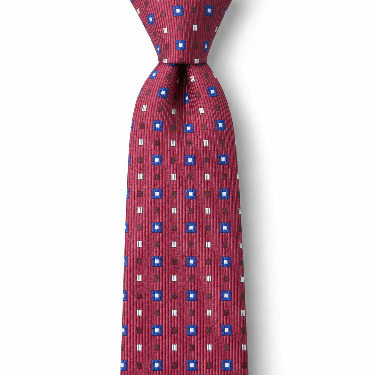 Burgundy, Blue and White Geometric Square Skinny Tie
