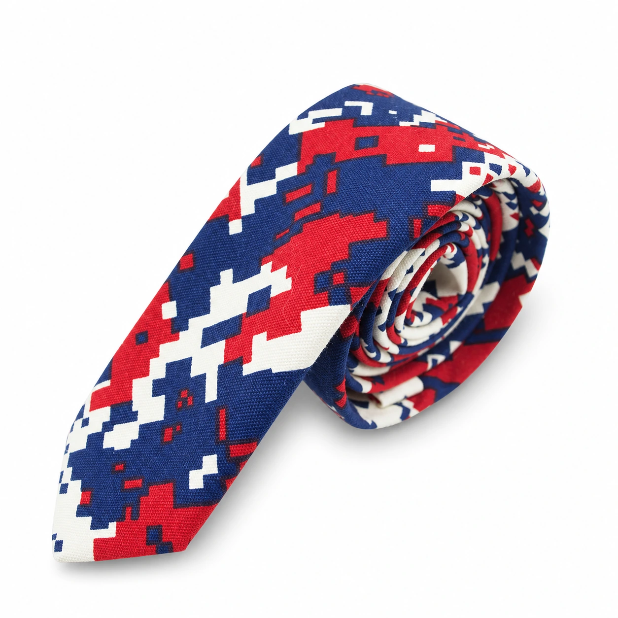 Navy, Red and White Pixel Camouflage Skinny Tie