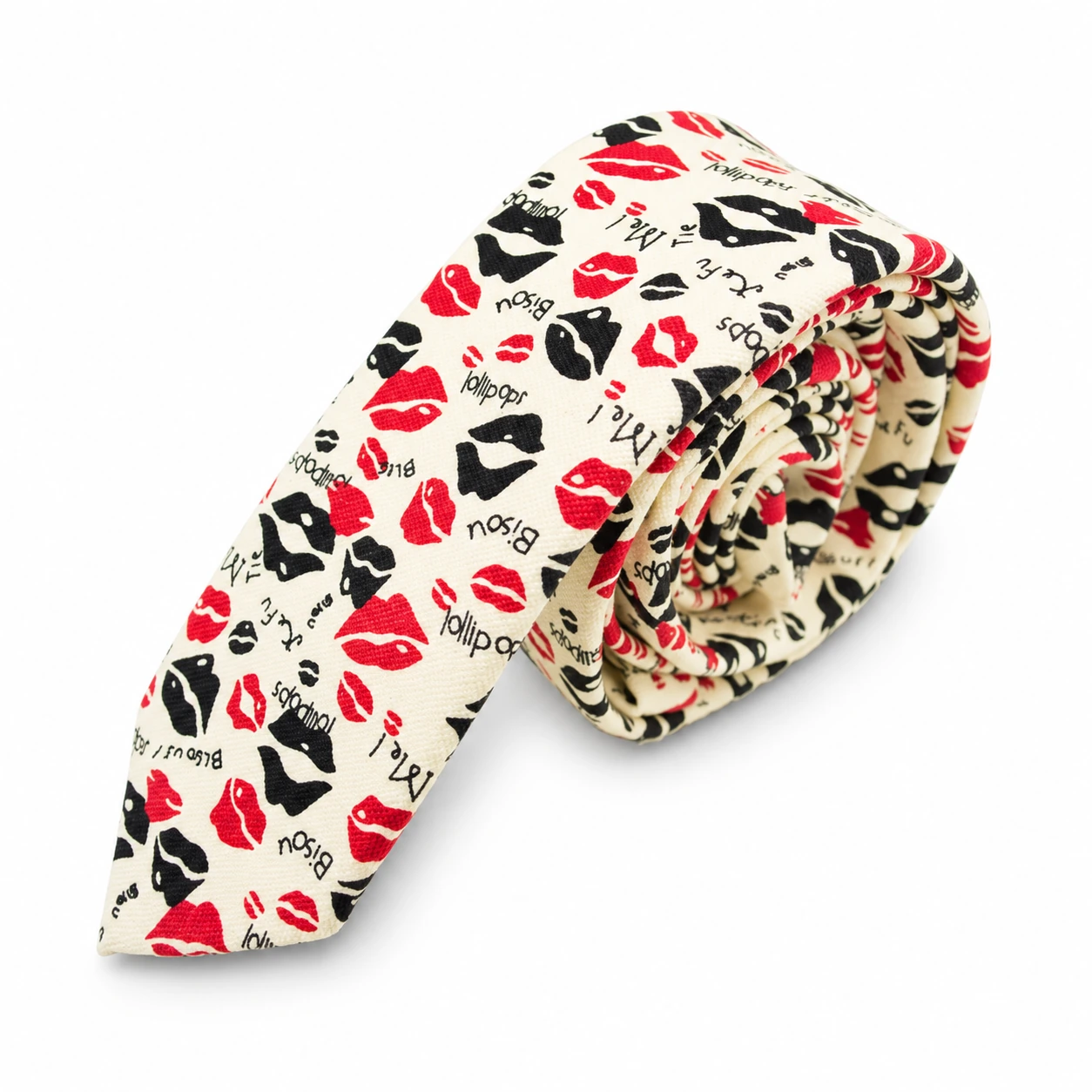 Cream, Red and Black Lips Print Skinny Tie