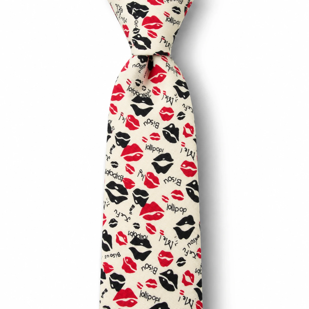 Cream, Red and Black Lips Print Skinny Tie