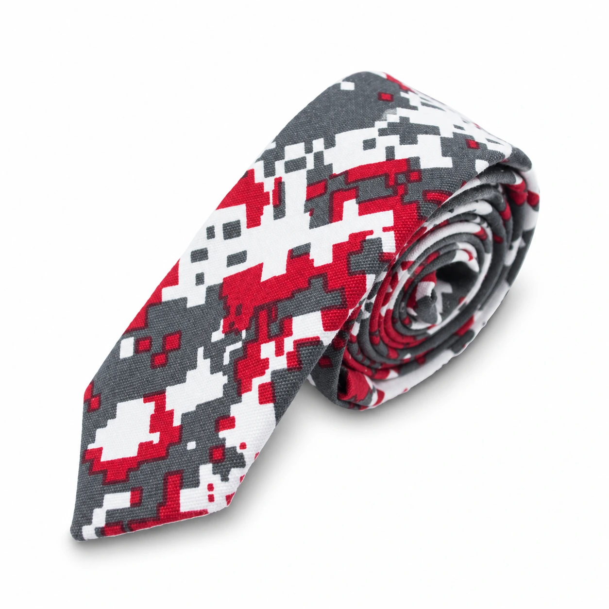 Gray, Red and White Pixel Camouflage Skinny Tie