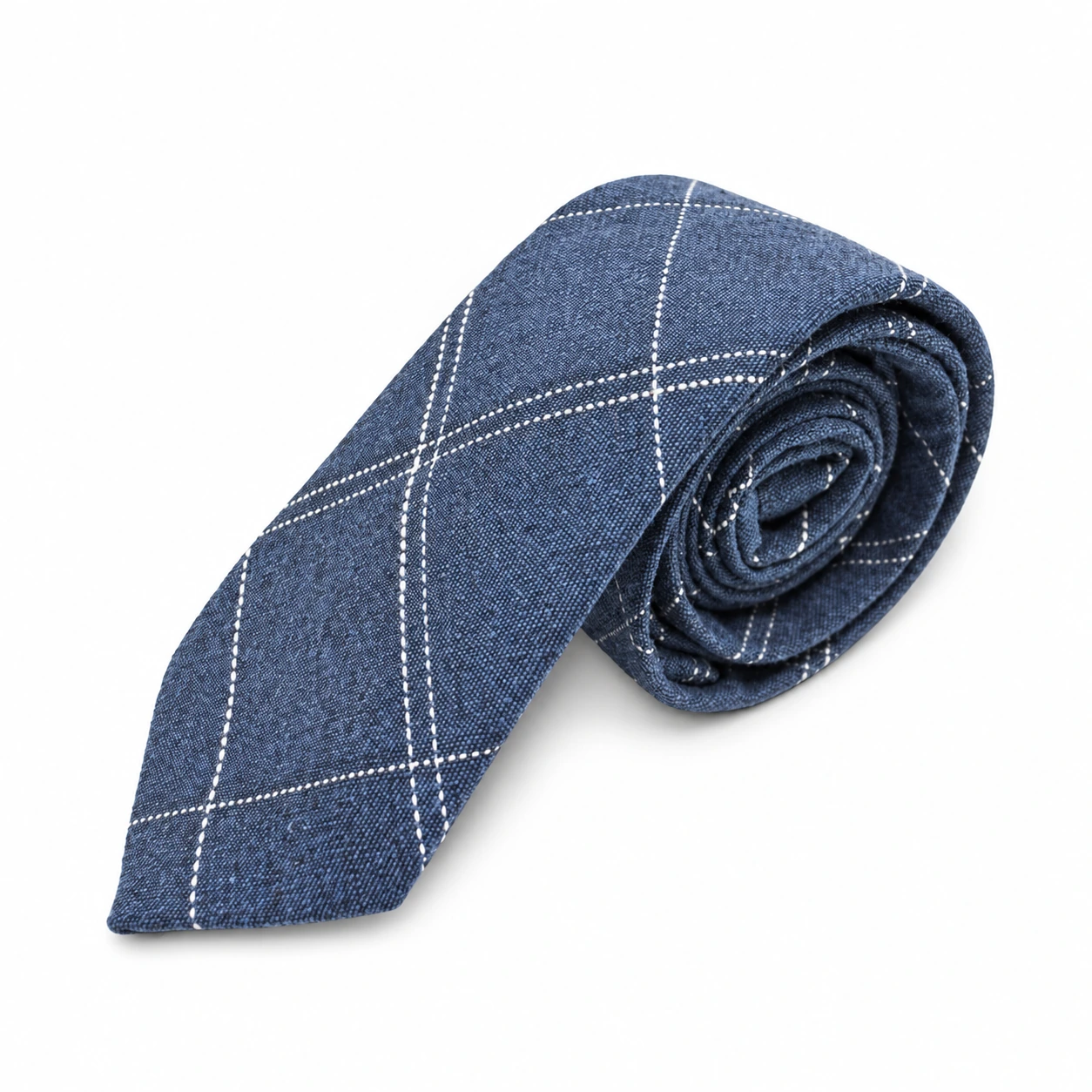 Denim Blue and White Windowpane Skinny Tie