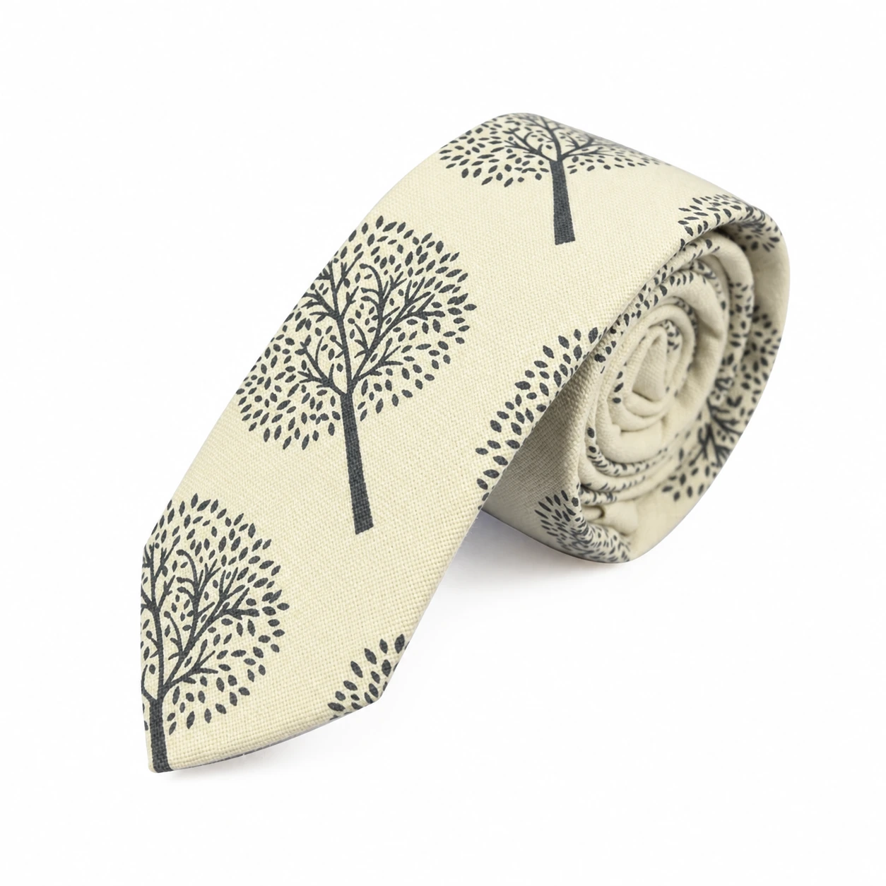 Cream and Gray Tree Motif Skinny Tie