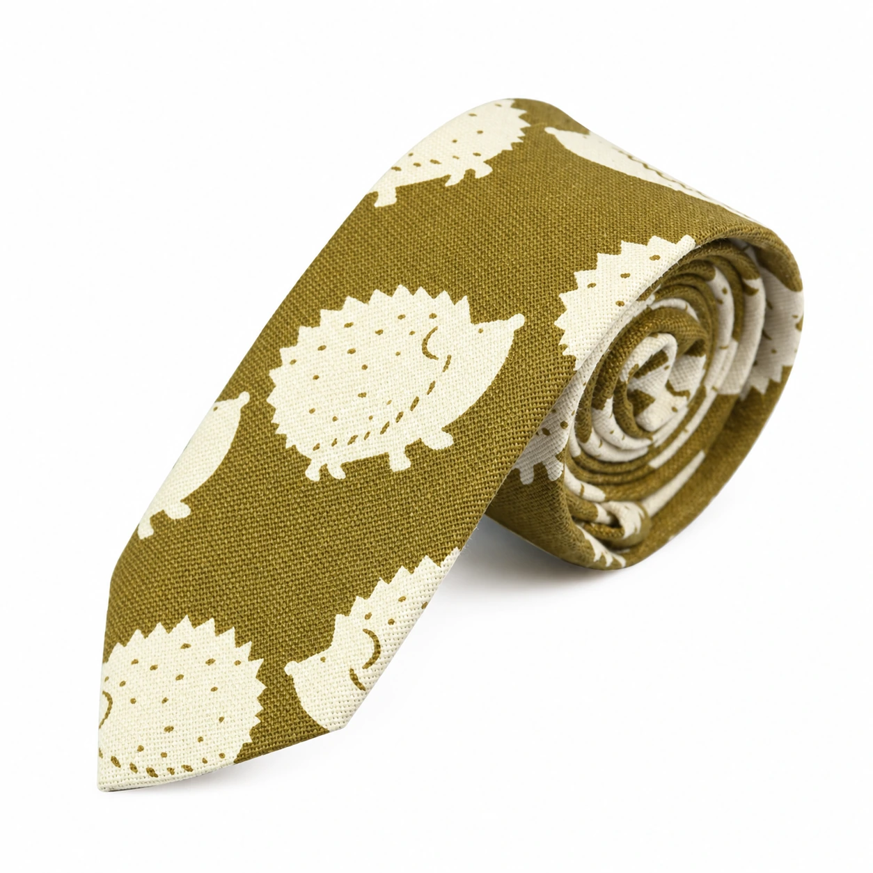 Olive and Cream Hedgehog Motif Skinny Tie