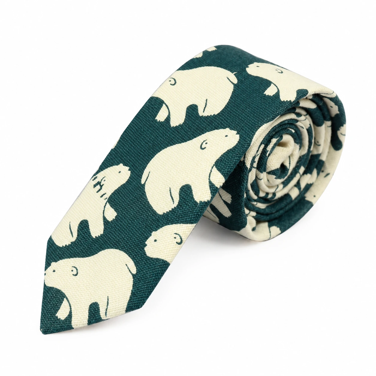 Dark Green and Cream Bear Motif Skinny Tie