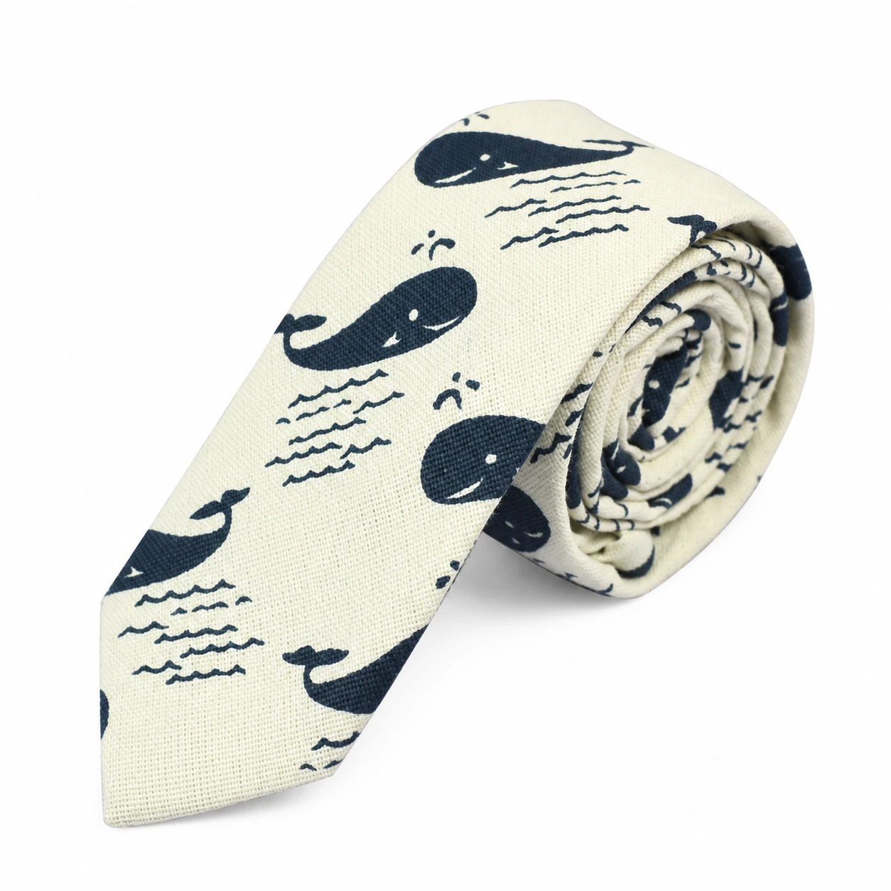Cream and Navy Whale Motif Skinny Tie