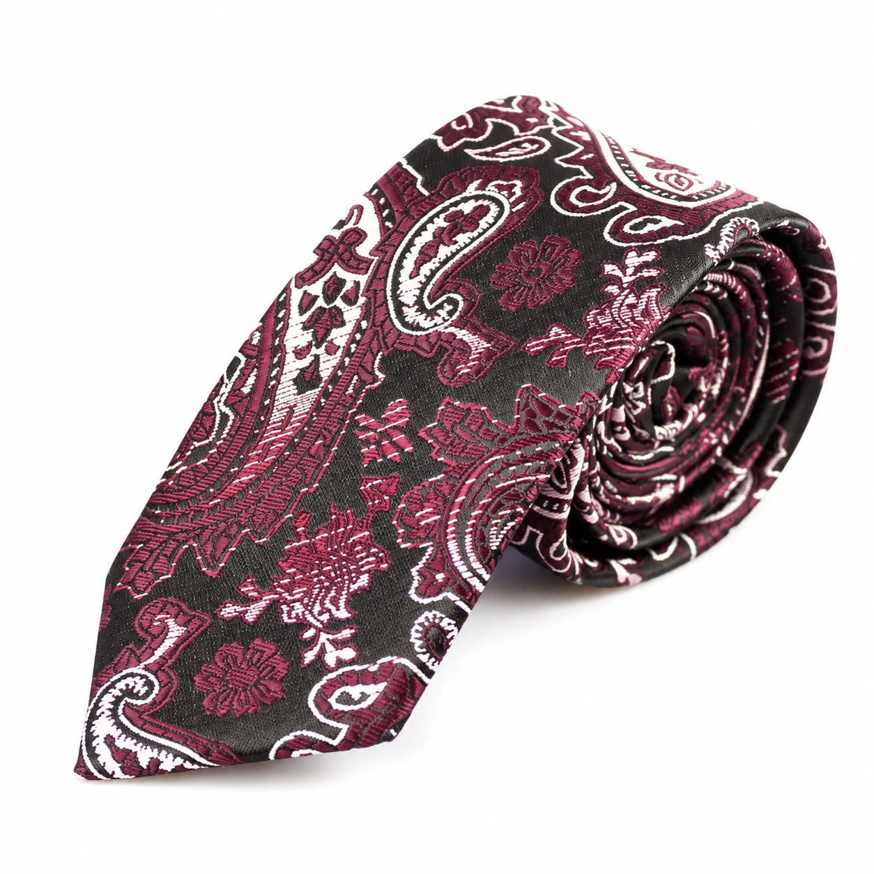 Burgundy and Silver Gray Paisley Skinny Tie