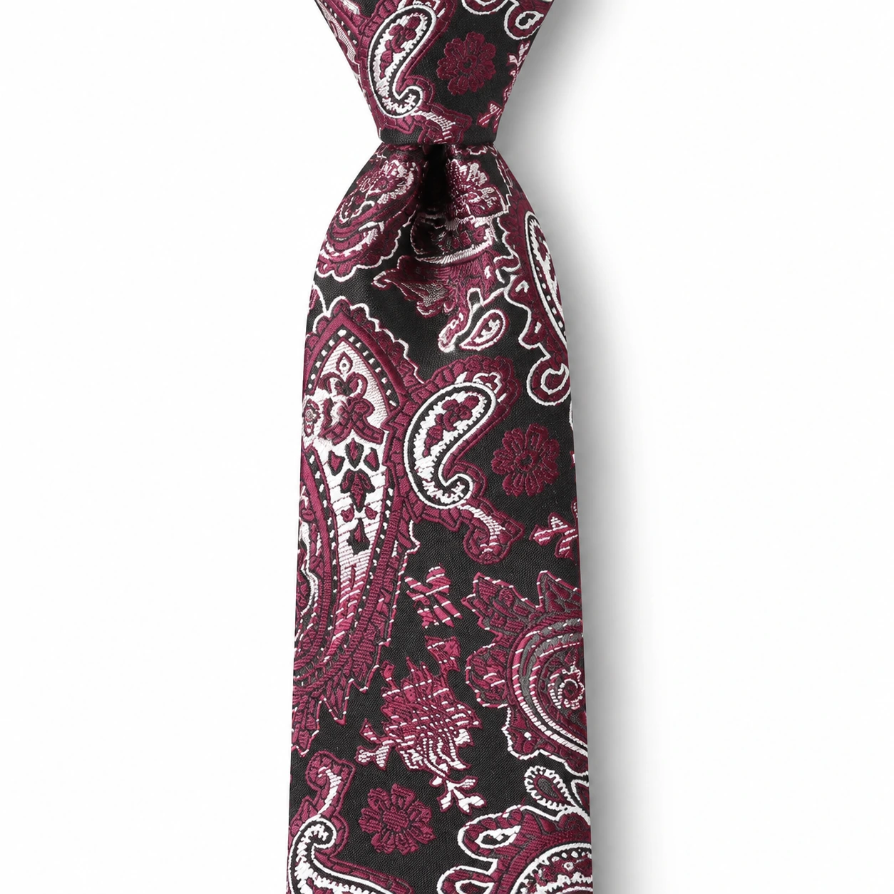 Burgundy and Silver Gray Paisley Skinny Tie