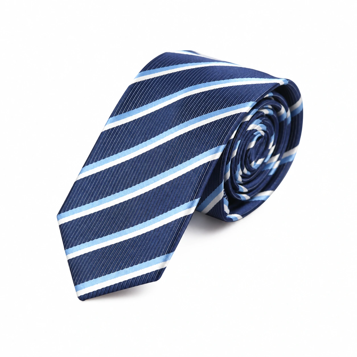 Navy, Light Blue and White Striped Skinny Tie